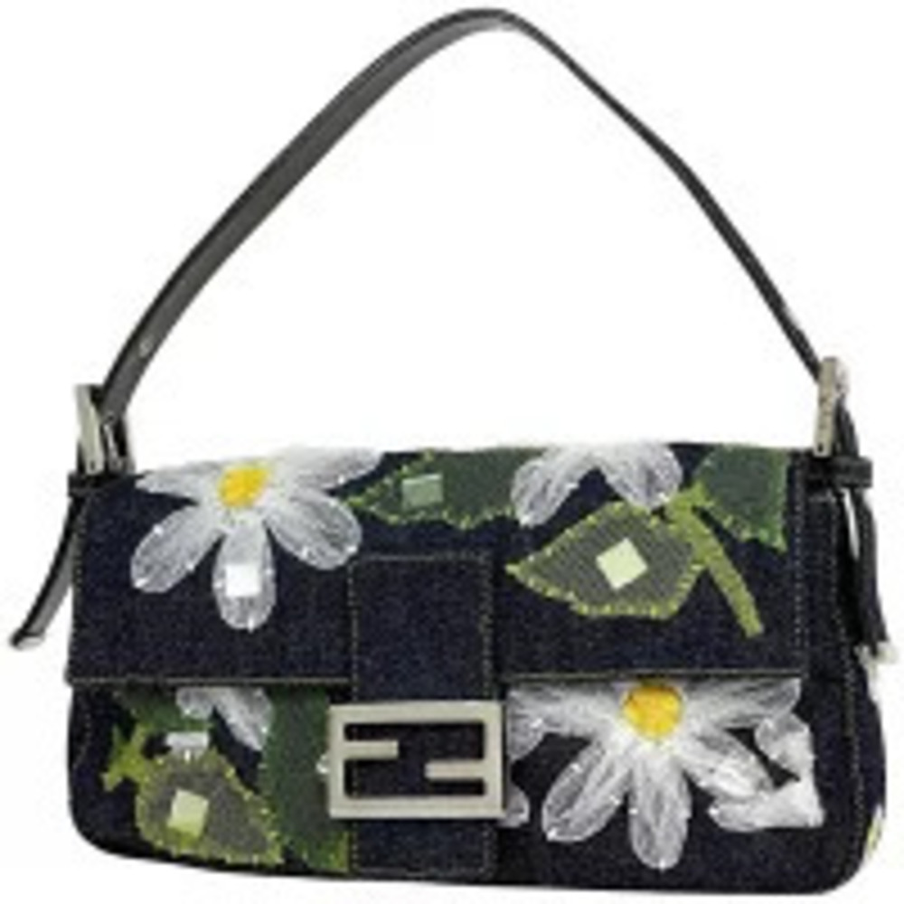 Fendi Mamma Bucket Flower Lace Shoulder Bag Denim Navy Blue